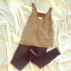 Taupe Peppermint tiered, sleeve/backless blouse.